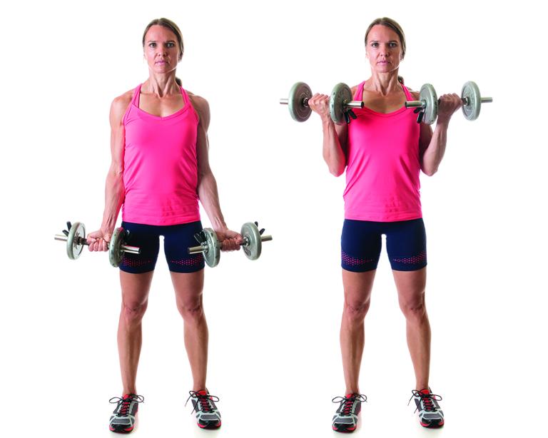 Side-by-side images of a lady working out with dumbbells